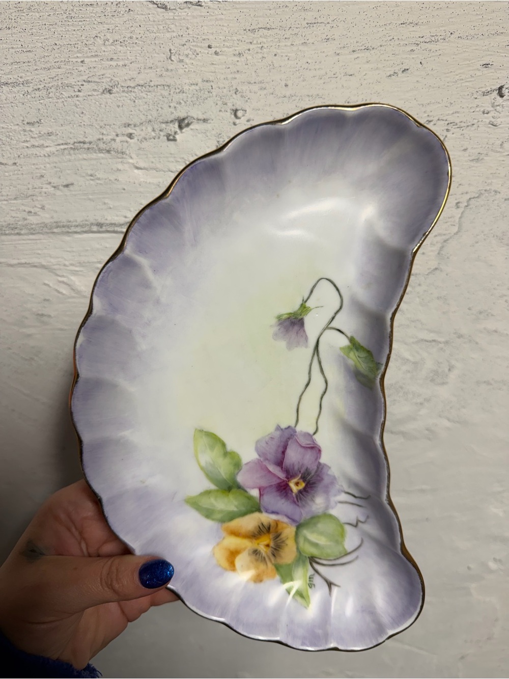 Hand-Painted Purple Floral Porcelain Bone Dish